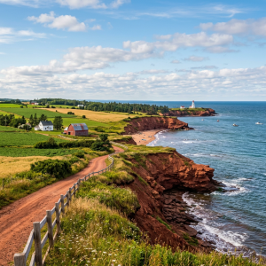 Farmland with dirt road and red cliffs by ocean with lighthouse